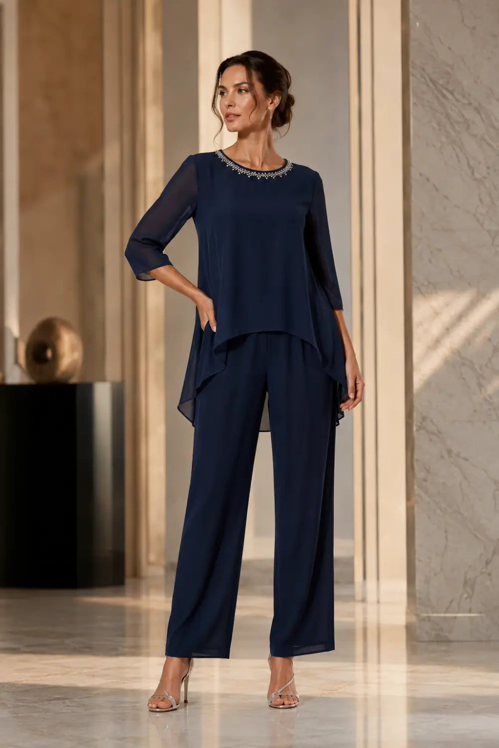 Beaded Capelet Trouser Suit with Wide-Leg Trousers