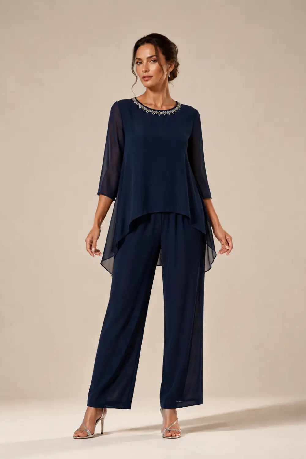 Beaded Capelet Trouser Suit with Wide-Leg Trousers