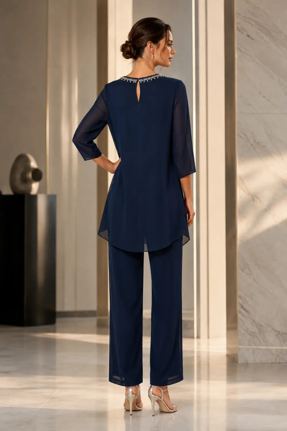 Beaded Capelet Trouser Suit with Wide-Leg Trousers