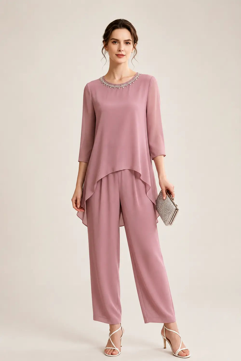 Beaded Capelet Trouser Suit with Wide-Leg Trousers