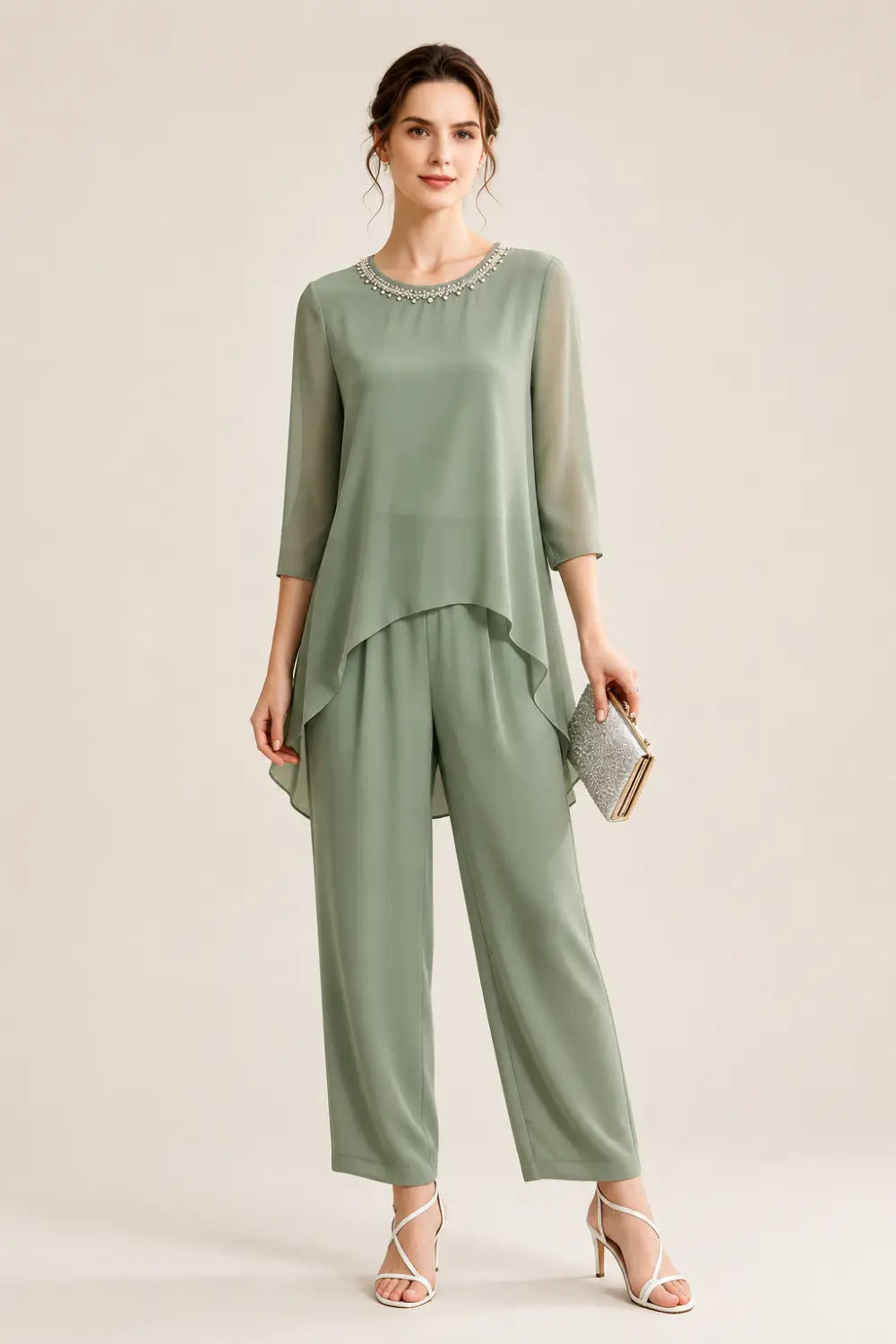 Beaded Capelet Trouser Suit with Wide-Leg Trousers