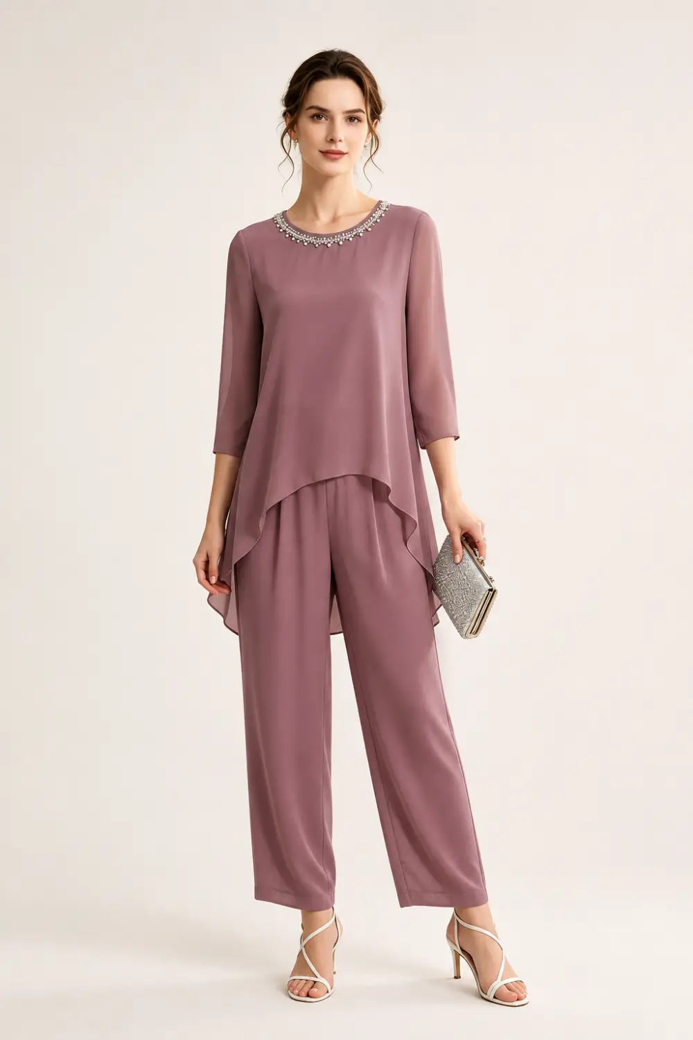 Beaded Capelet Trouser Suit with Wide-Leg Trousers