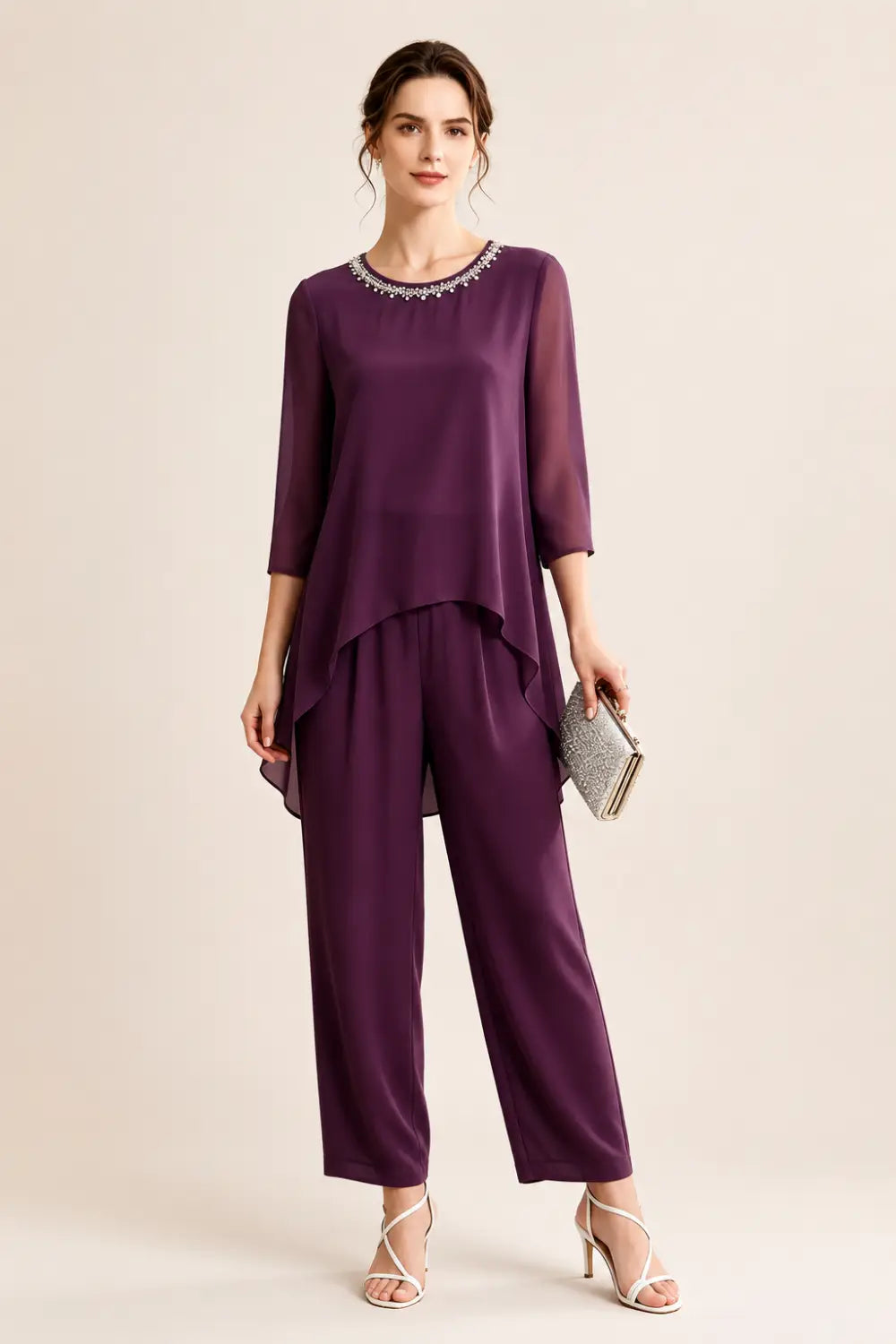 Beaded Capelet Trouser Suit with Wide-Leg Trousers