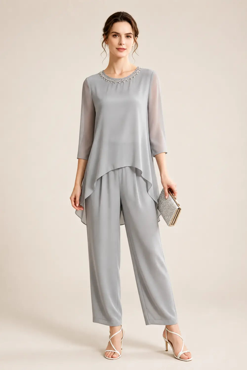 Beaded Capelet Trouser Suit with Wide-Leg Trousers