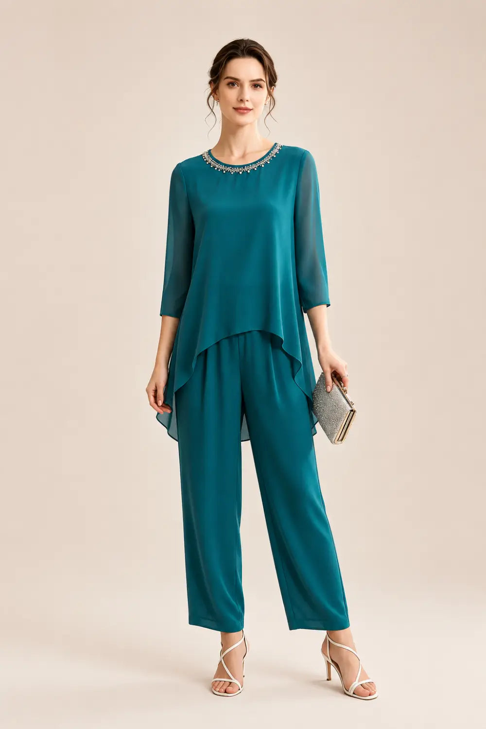 Beaded Capelet Trouser Suit with Wide-Leg Trousers