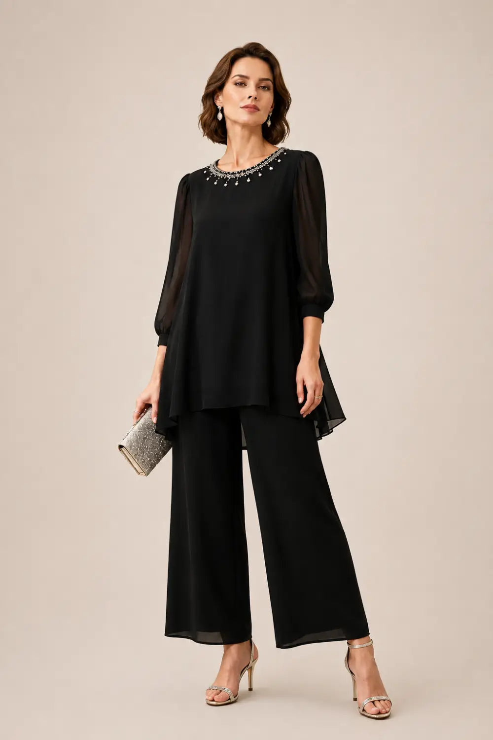 Beaded Layered Trouser Suit with 3/4 Sleeves