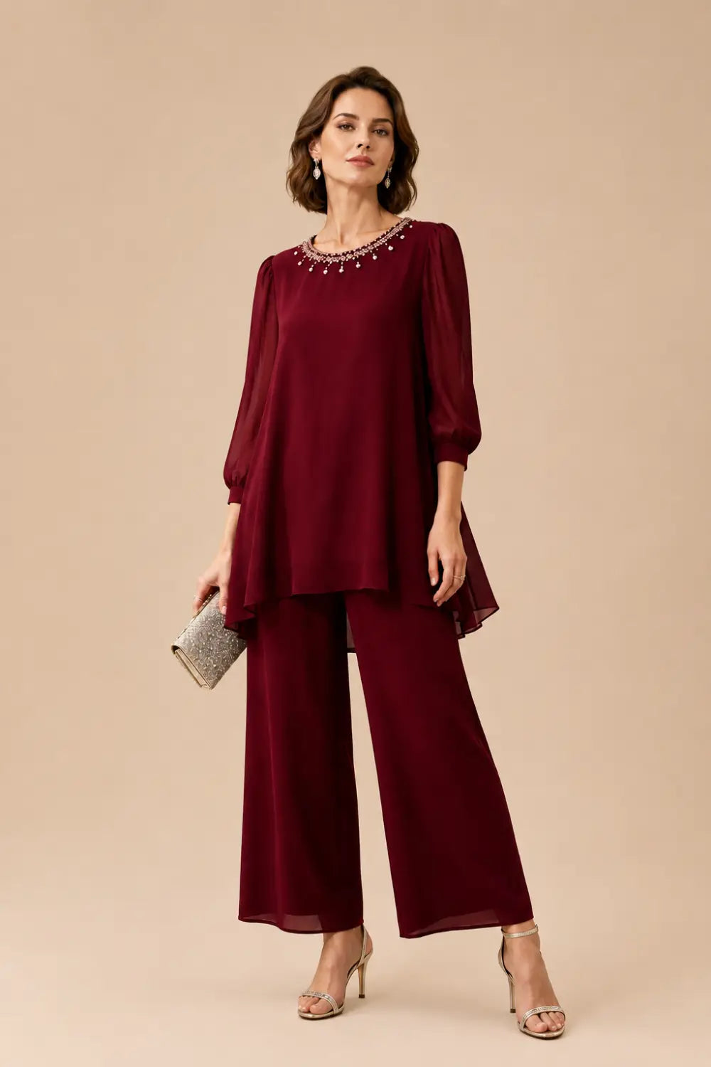 Beaded Layered Trouser Suit with 3/4 Sleeves