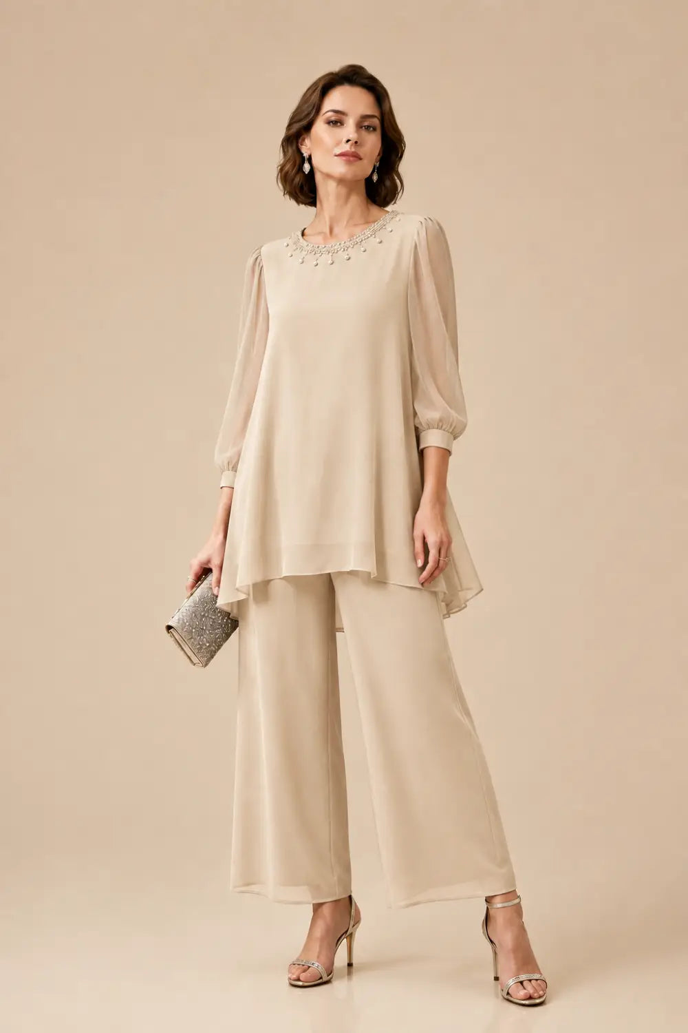 Beaded Layered Trouser Suit with 3/4 Sleeves
