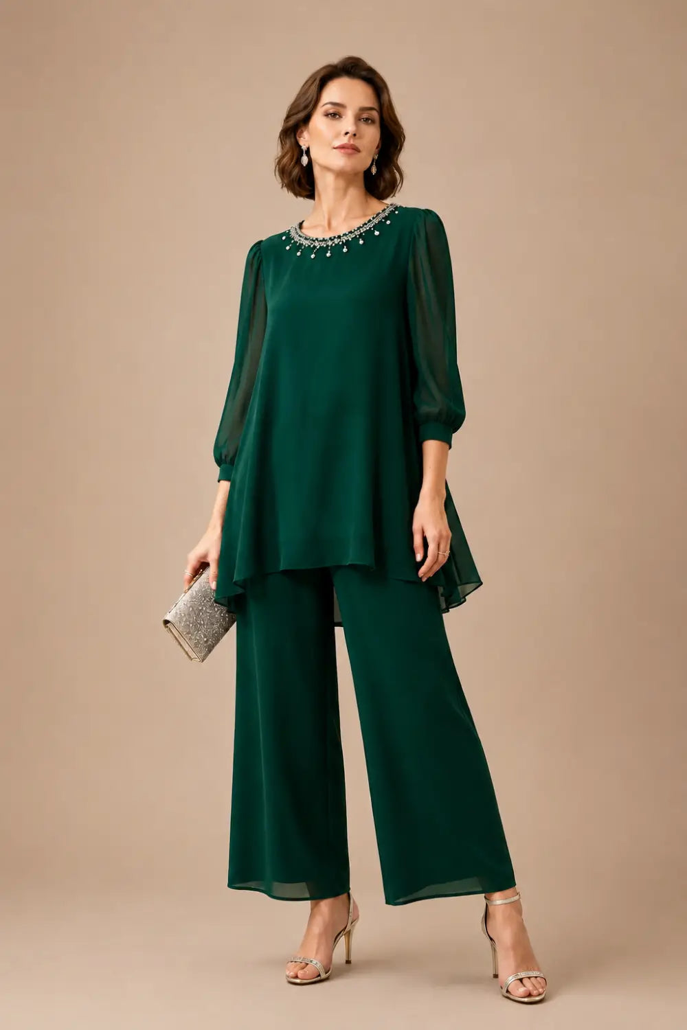 Beaded Layered Trouser Suit with 3/4 Sleeves