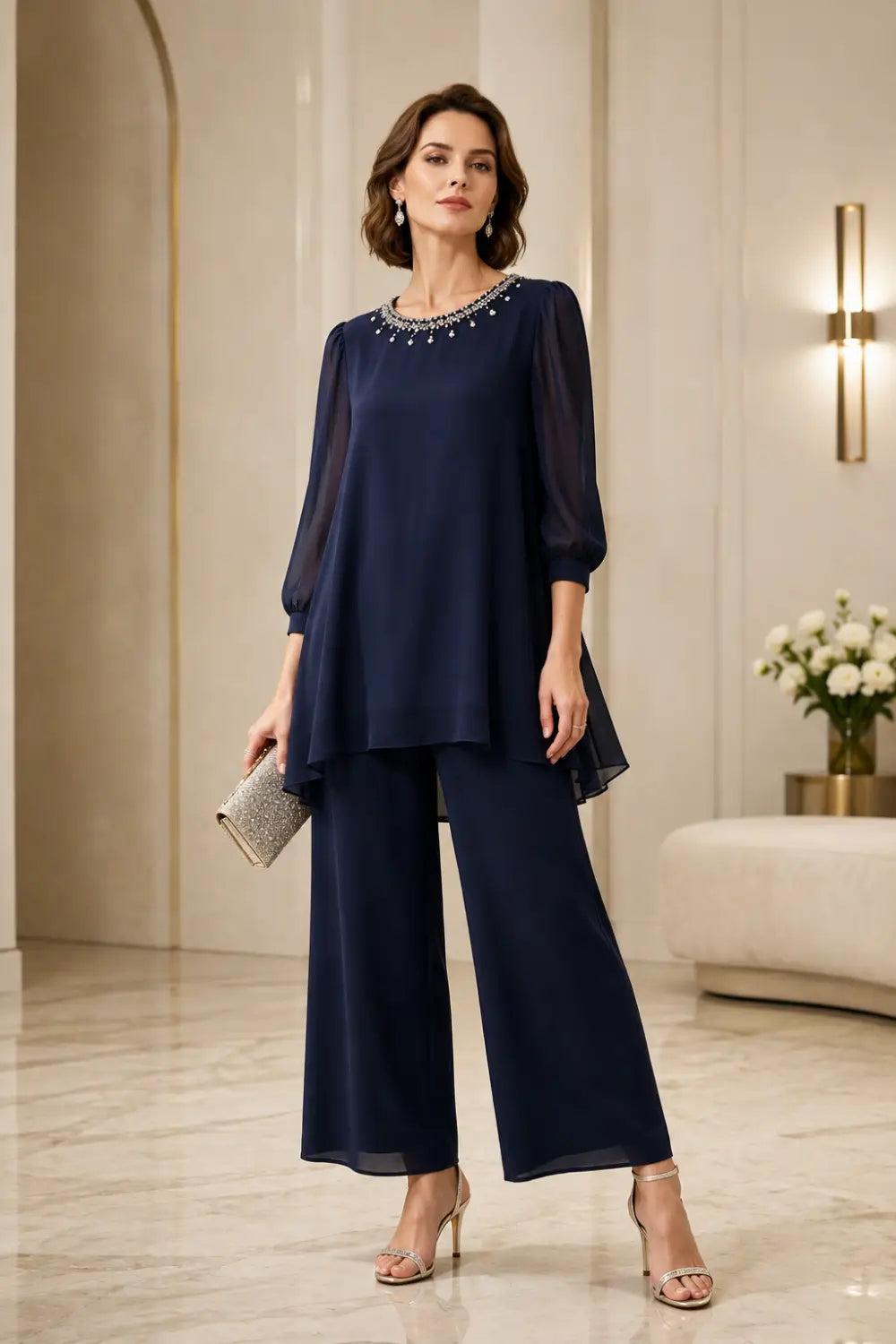 Beaded Layered Trouser Suit with 3/4 Sleeves