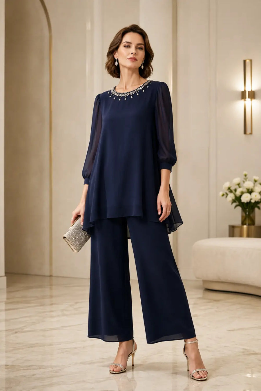 Beaded Layered Trouser Suit with 3/4 Sleeves