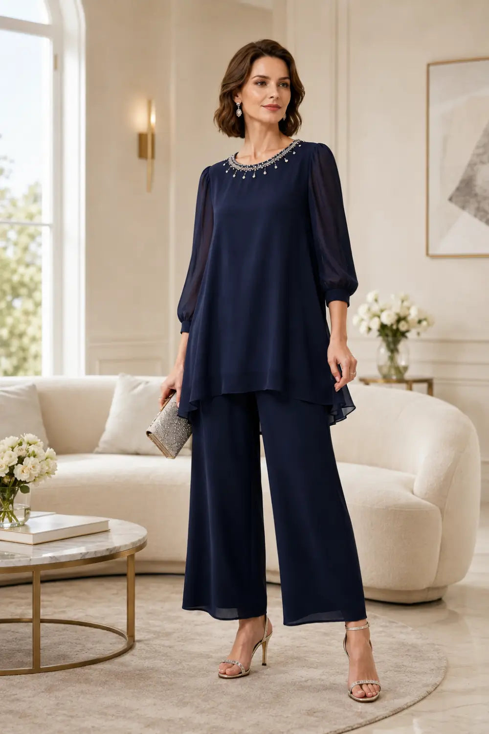 Beaded Layered Trouser Suit with 3/4 Sleeves