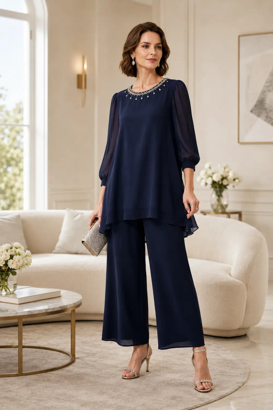 Beaded Layered Trouser Suit with 3/4 Sleeves