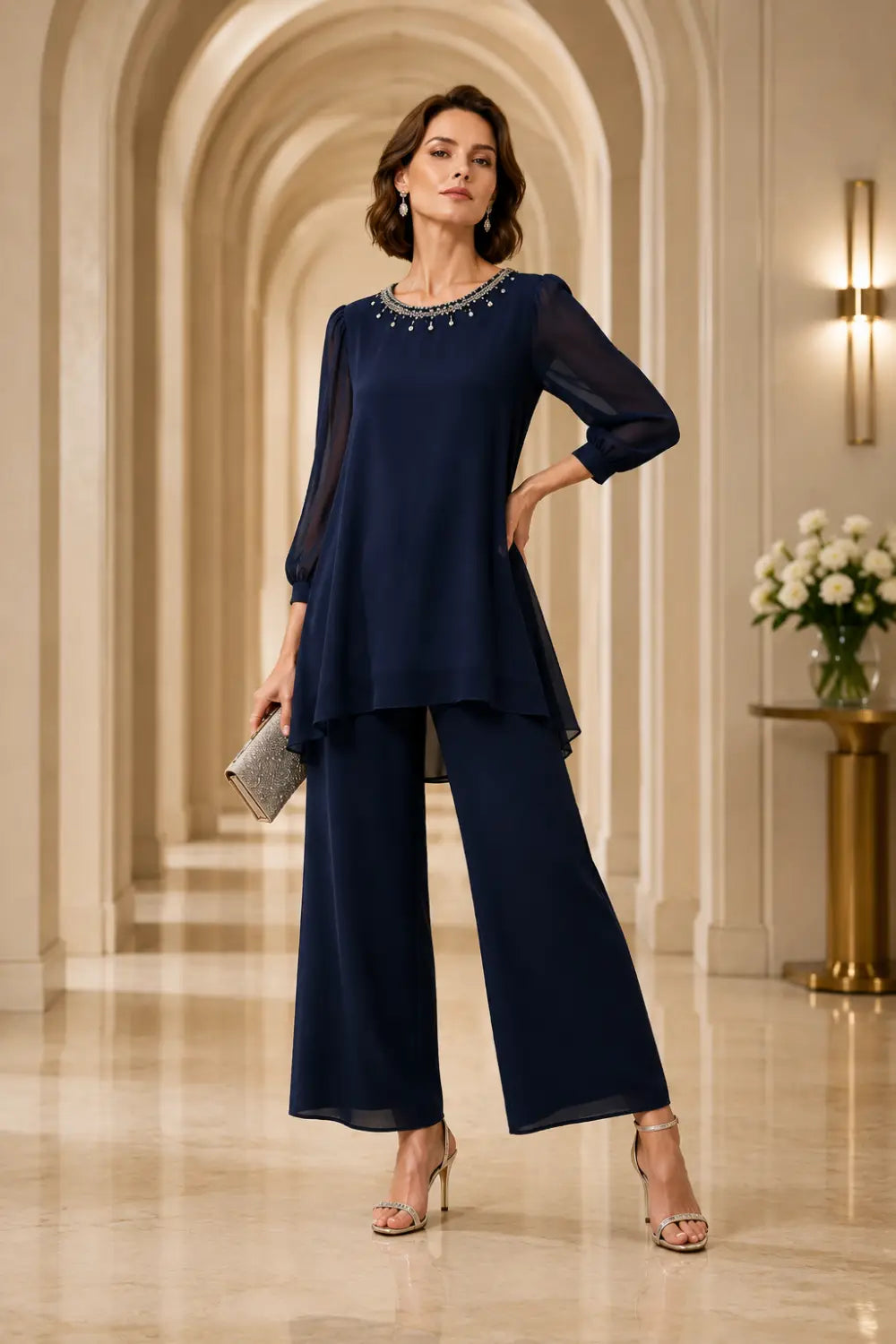 Beaded Layered Trouser Suit with 3/4 Sleeves