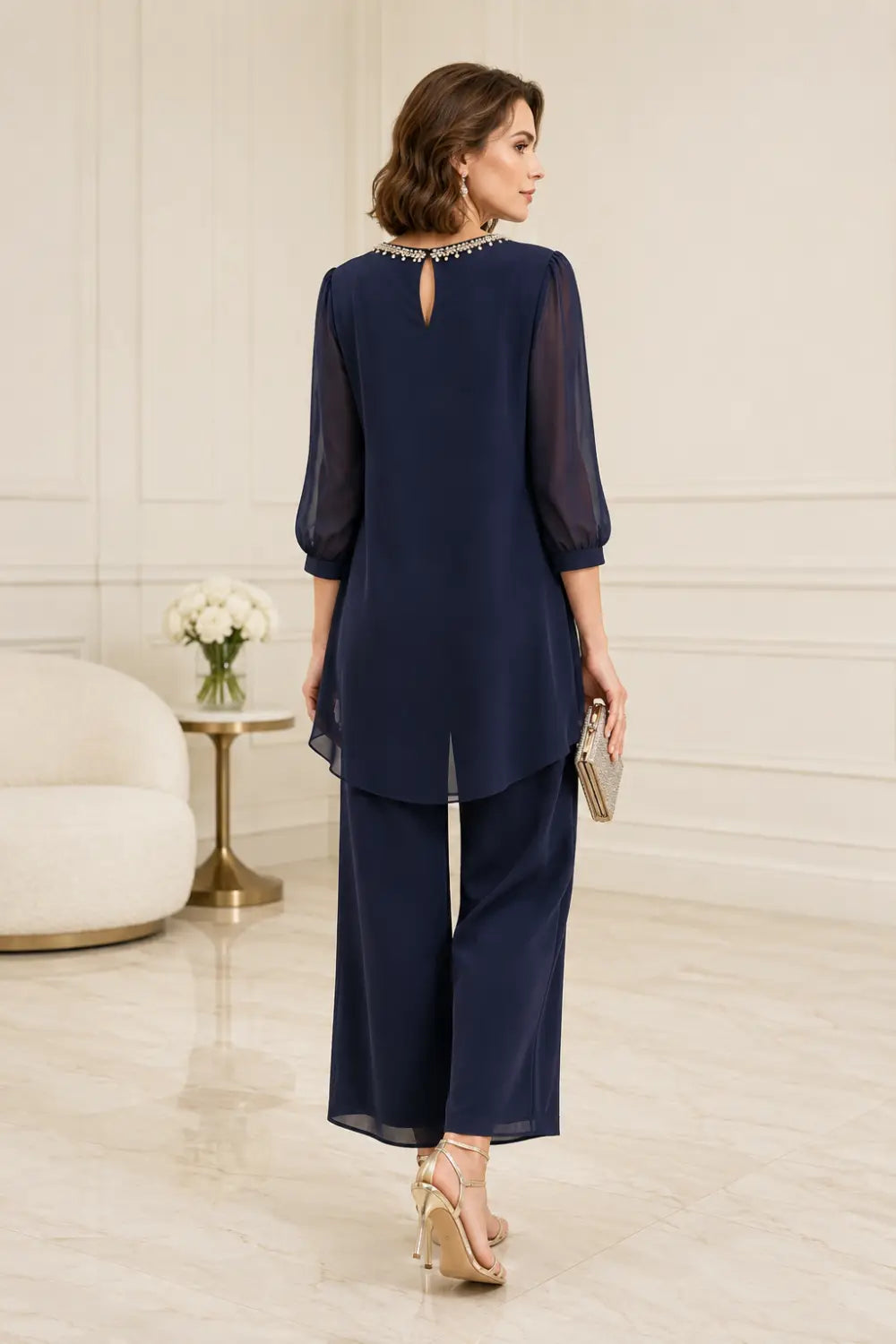 Beaded Layered Trouser Suit with 3/4 Sleeves