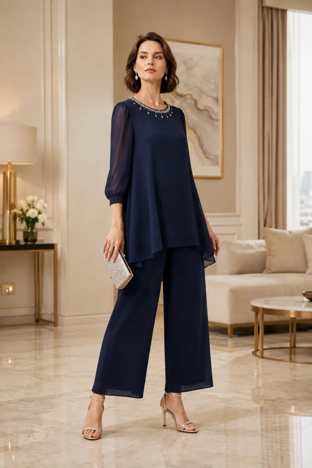 Beaded Layered Trouser Suit with 3/4 Sleeves