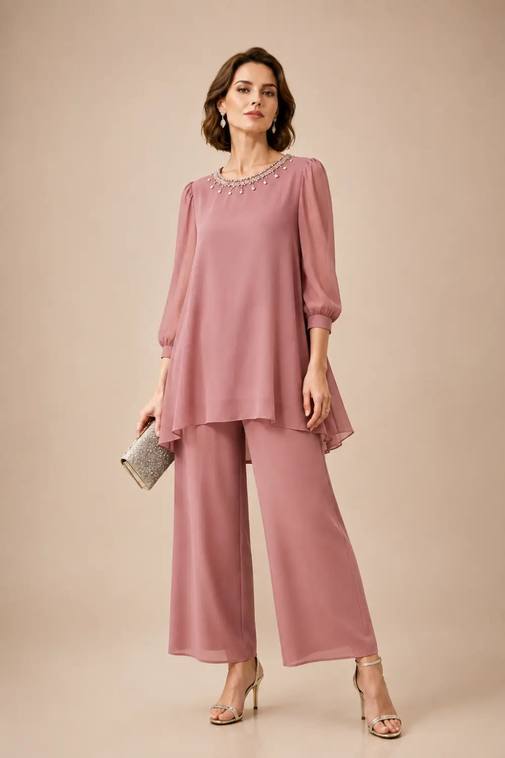 Beaded Layered Trouser Suit with 3/4 Sleeves