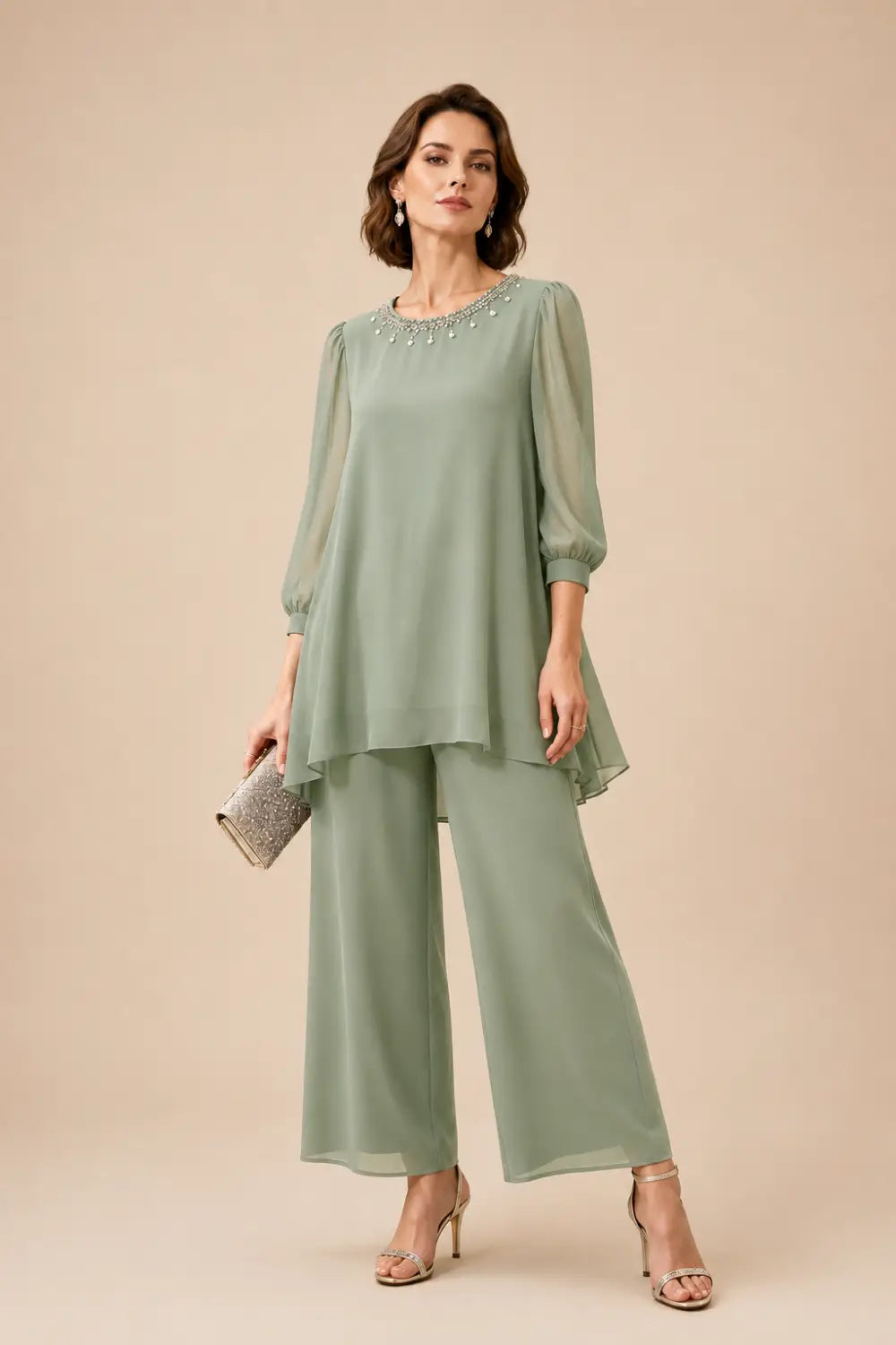 Beaded Layered Trouser Suit with 3/4 Sleeves
