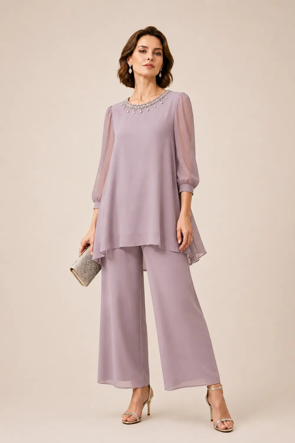 Beaded Layered Trouser Suit with 3/4 Sleeves