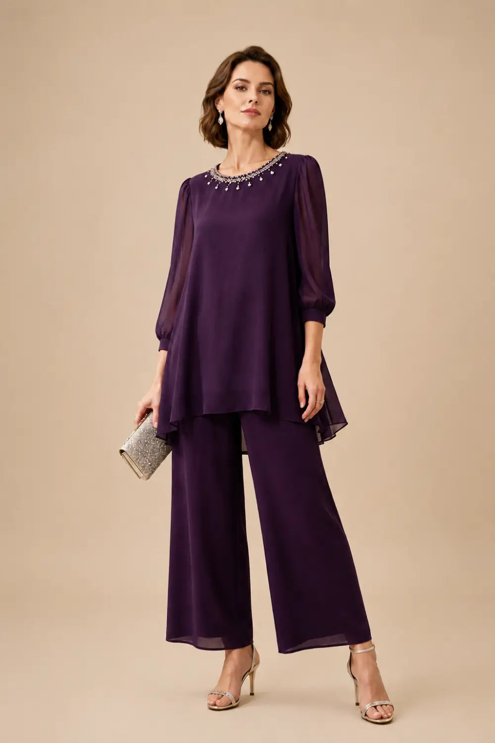 Beaded Layered Trouser Suit with 3/4 Sleeves