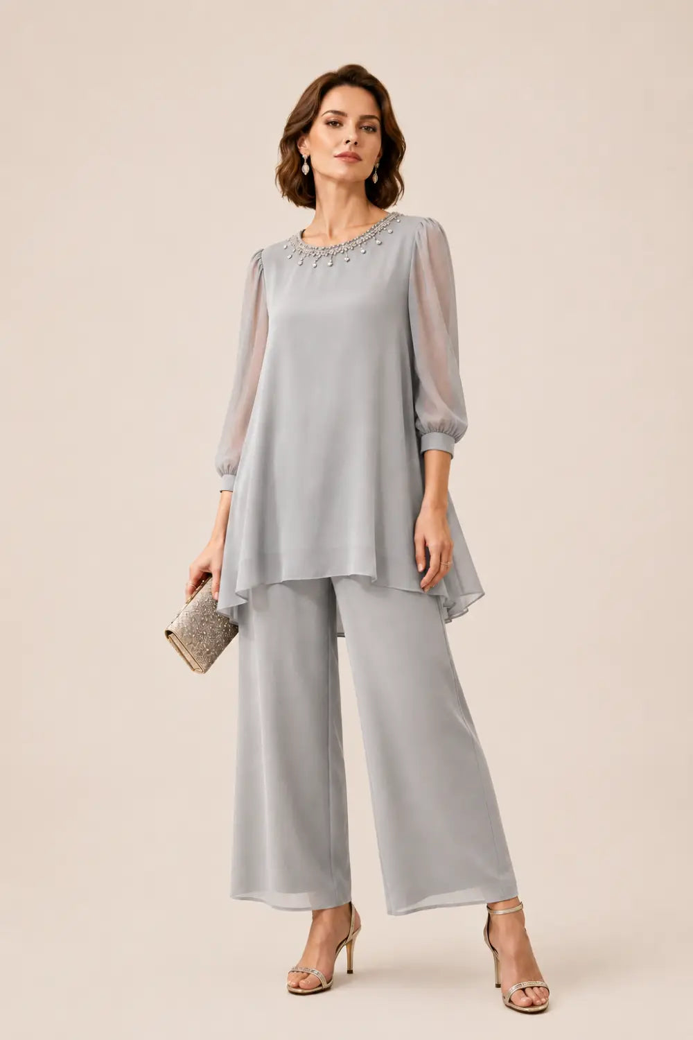 Beaded Layered Trouser Suit with 3/4 Sleeves