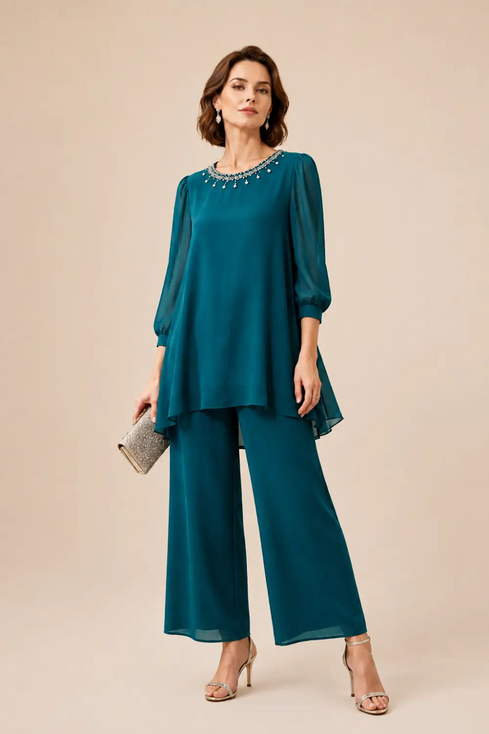 Beaded Layered Trouser Suit with 3/4 Sleeves