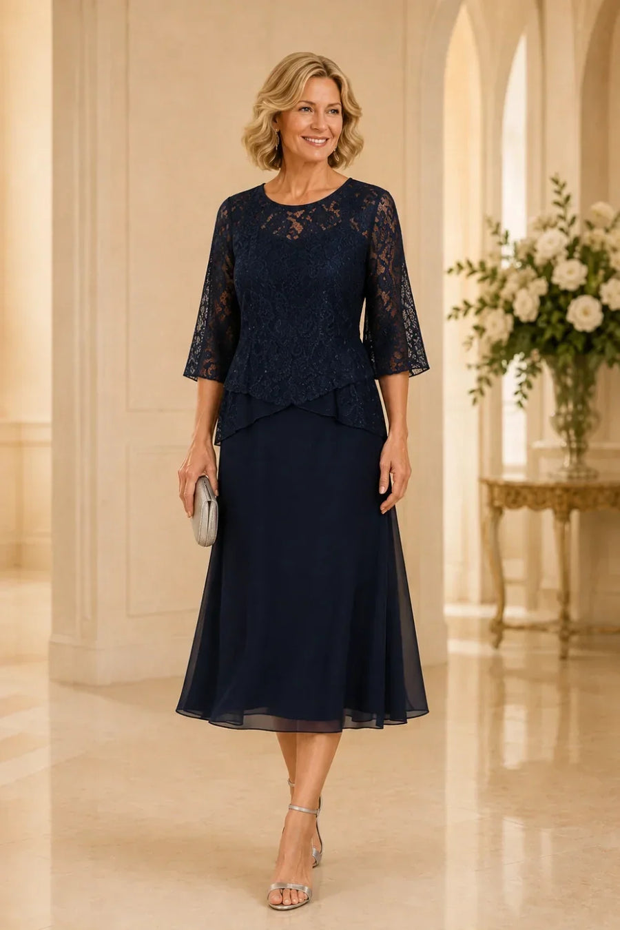 Beaded Asymmetric Tea-Length Dress