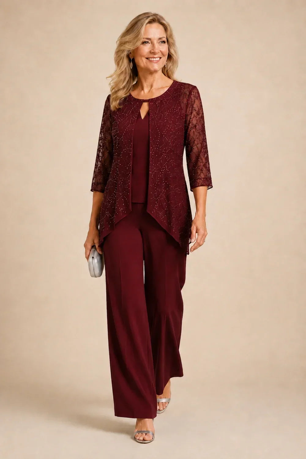 Beaded Layered Wide-Leg Trouser Suit