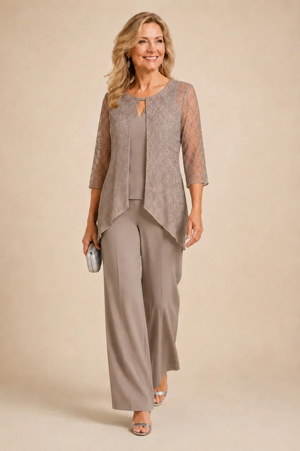 Beaded Layered Wide-Leg Trouser Suit