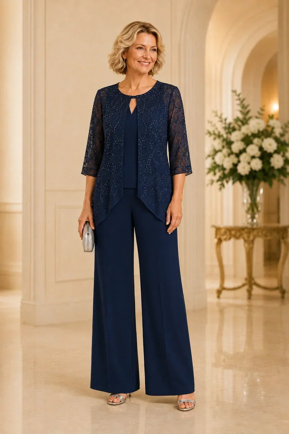 Beaded Layered Wide-Leg Trouser Suit