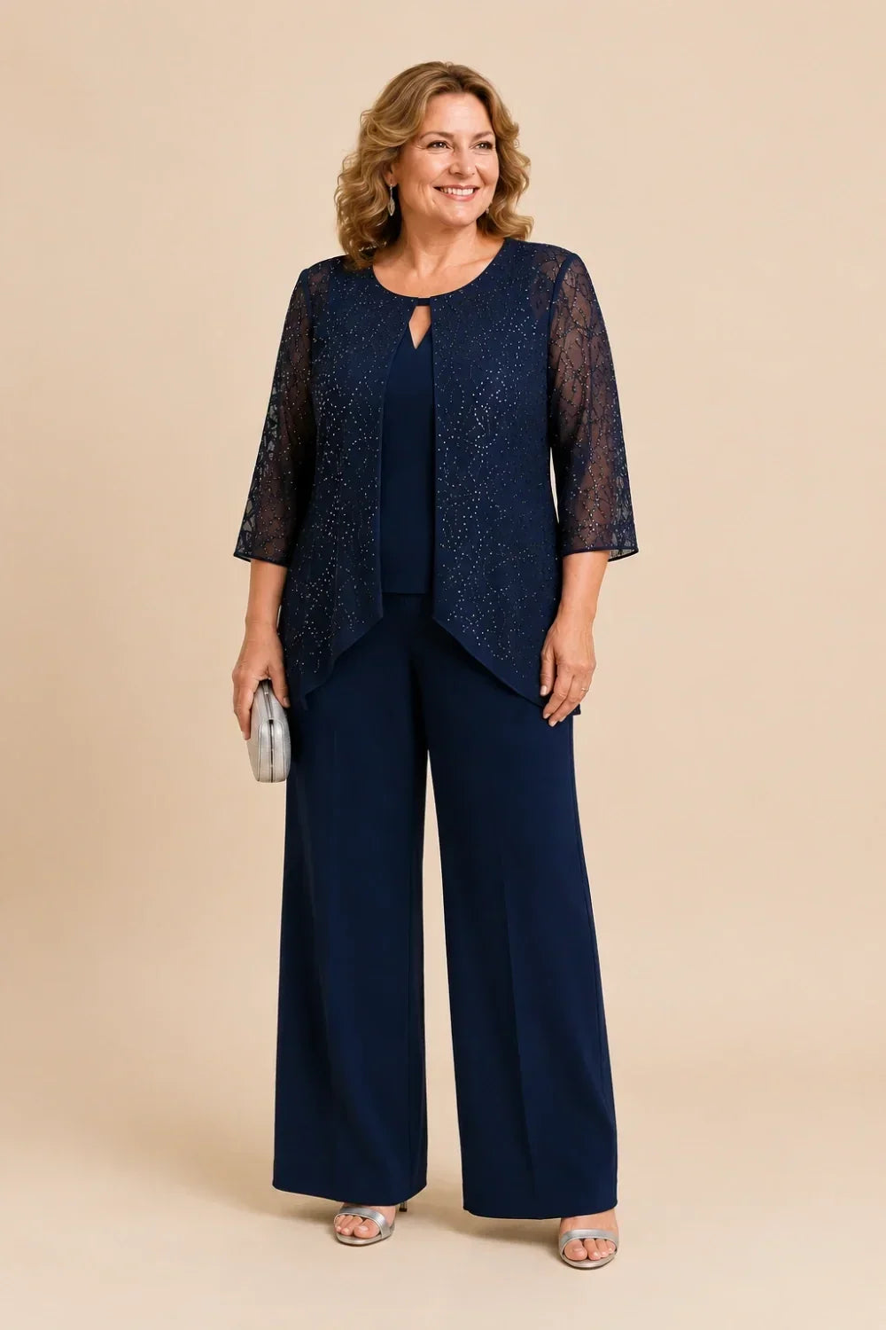 Beaded Layered Wide-Leg Trouser Suit