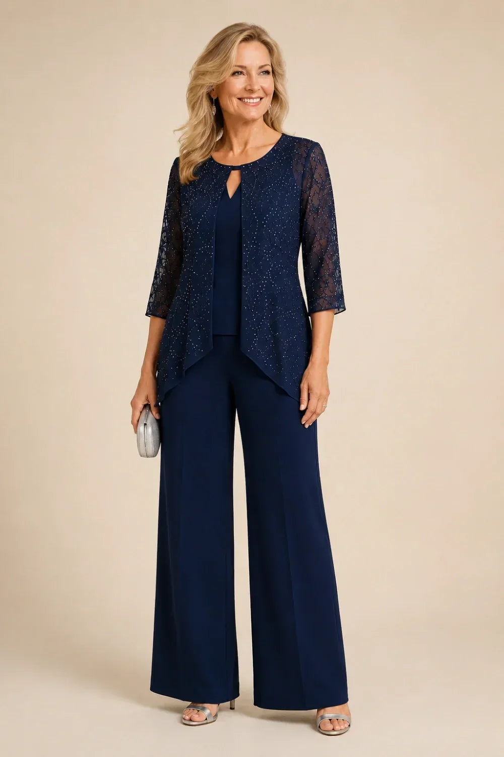 Beaded Layered Wide-Leg Trouser Suit