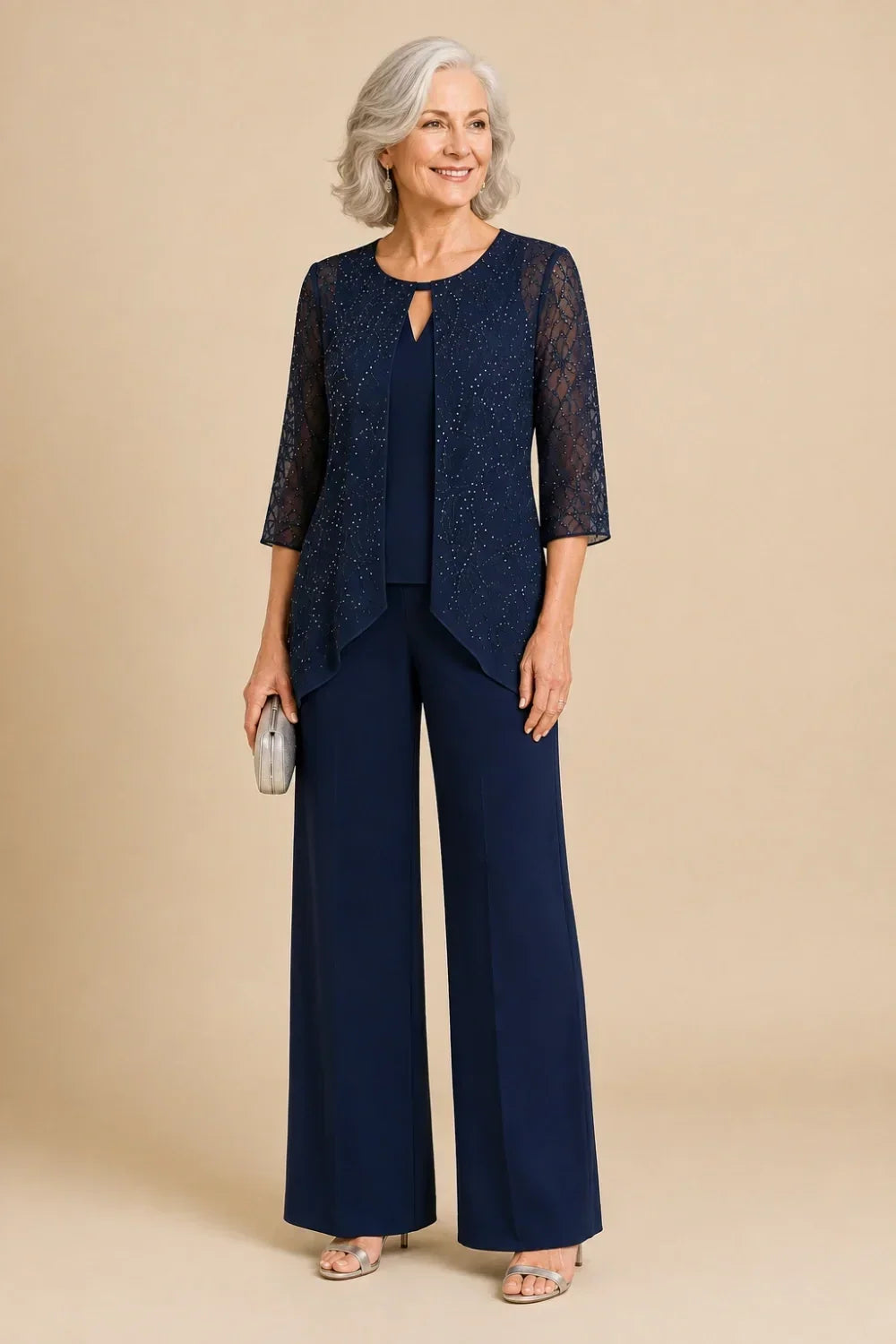 Beaded Layered Wide-Leg Trouser Suit