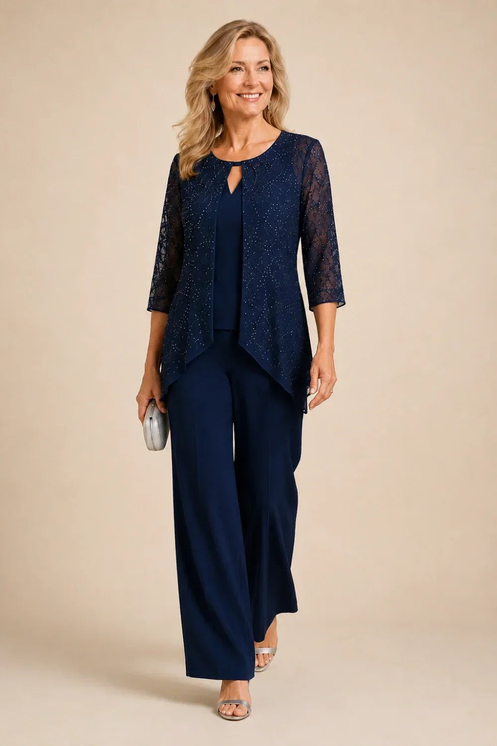 Beaded Layered Wide-Leg Trouser Suit