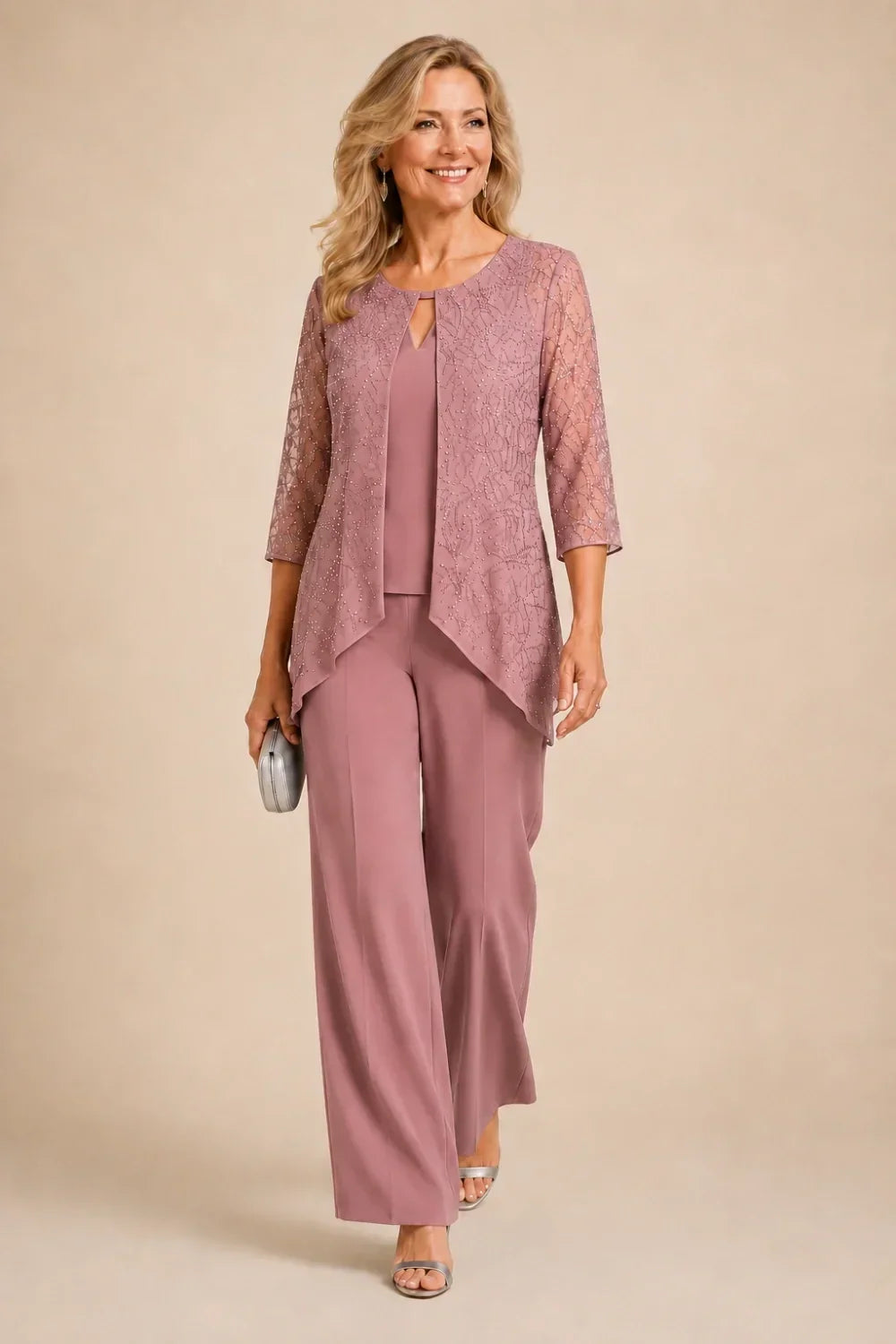 Beaded Layered Wide-Leg Trouser Suit