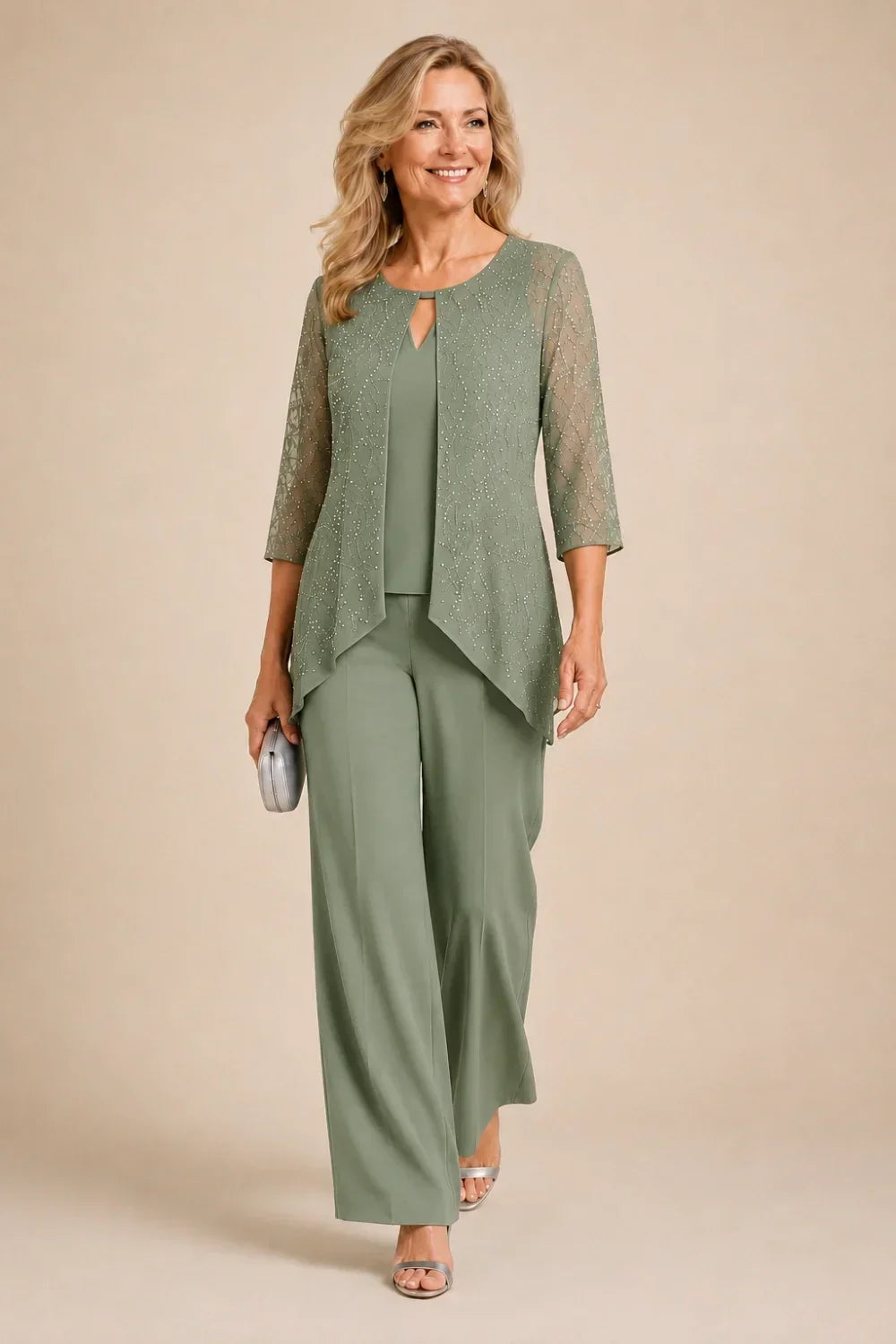 Beaded Layered Wide-Leg Trouser Suit