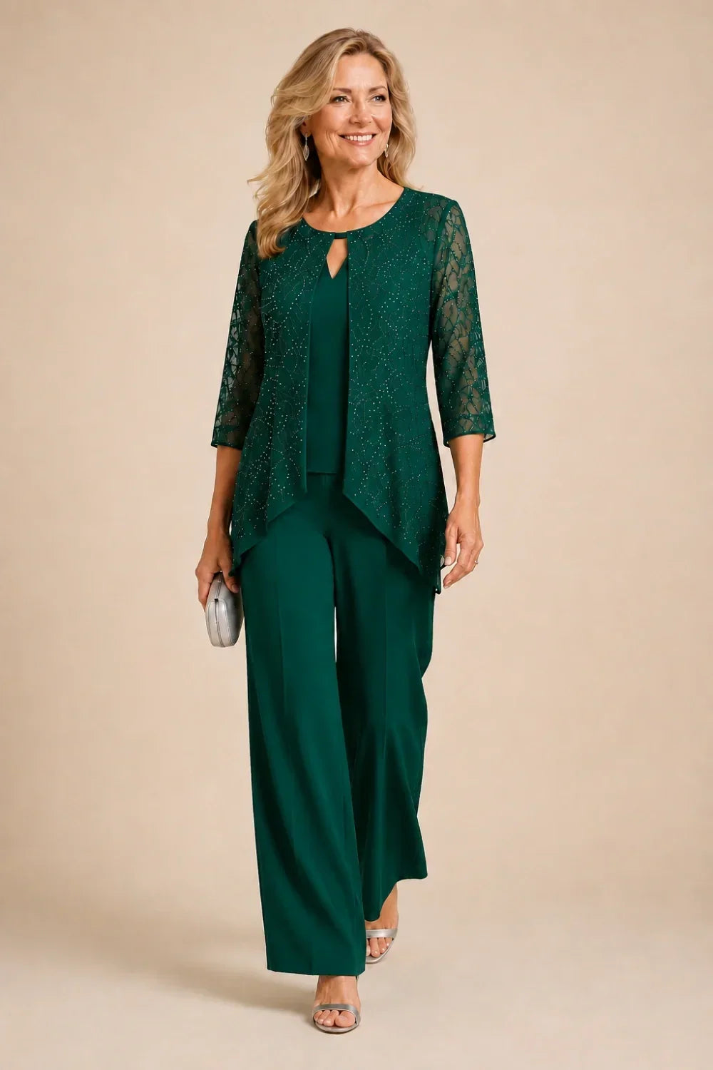 Beaded Layered Wide-Leg Trouser Suit