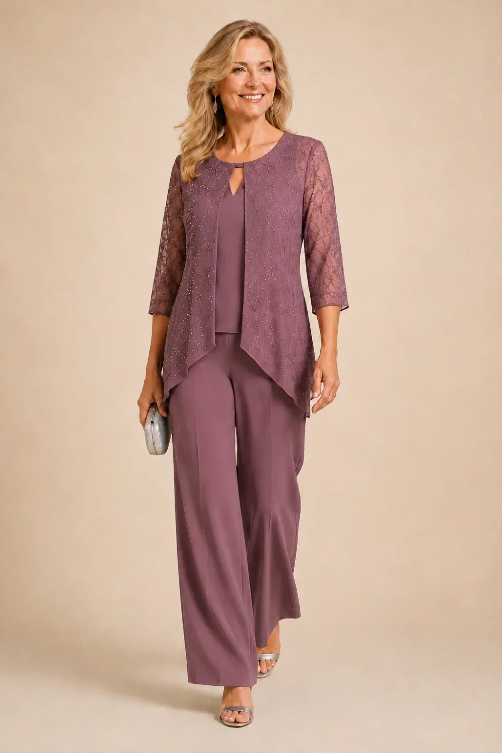 Beaded Layered Wide-Leg Trouser Suit