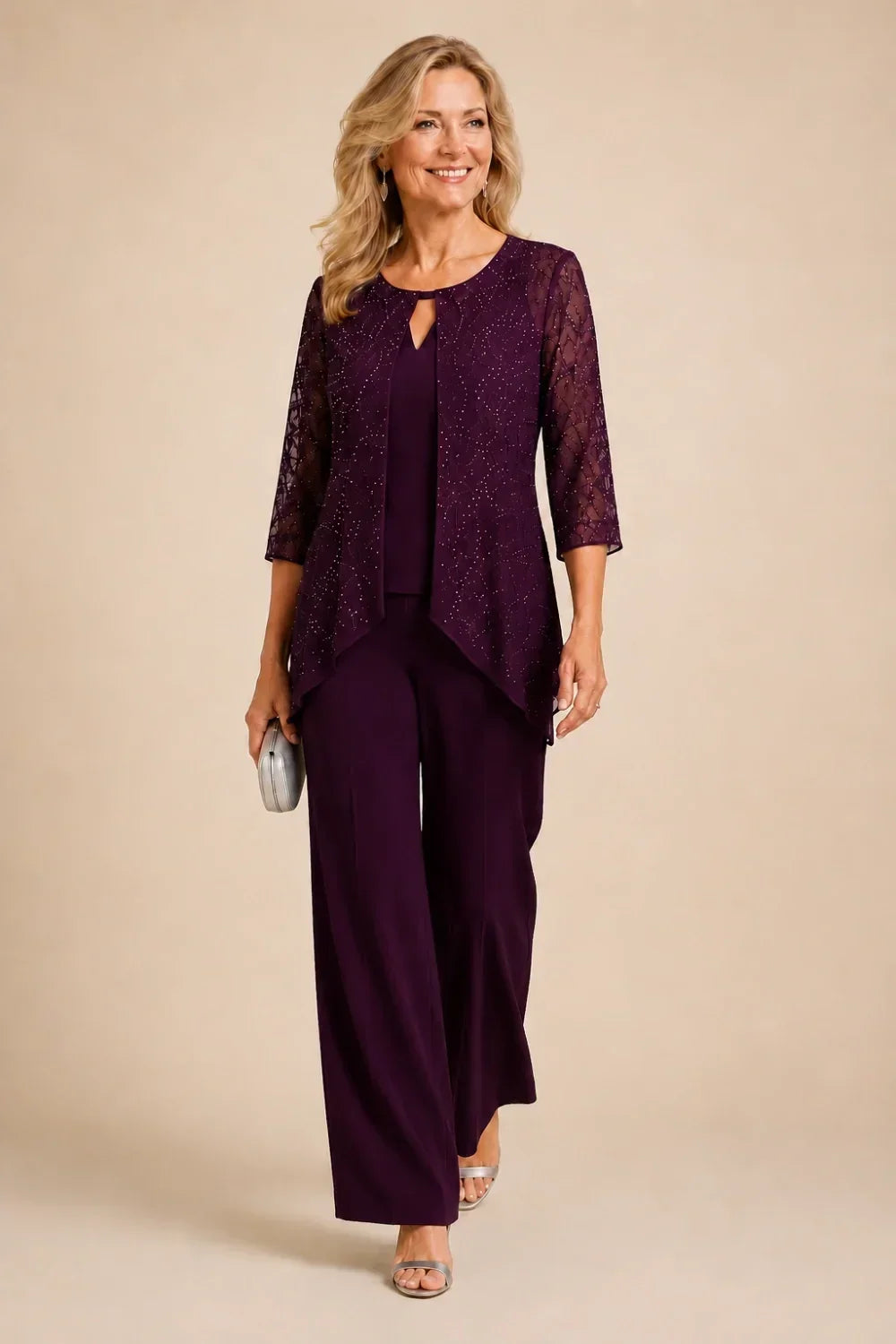 Beaded Layered Wide-Leg Trouser Suit