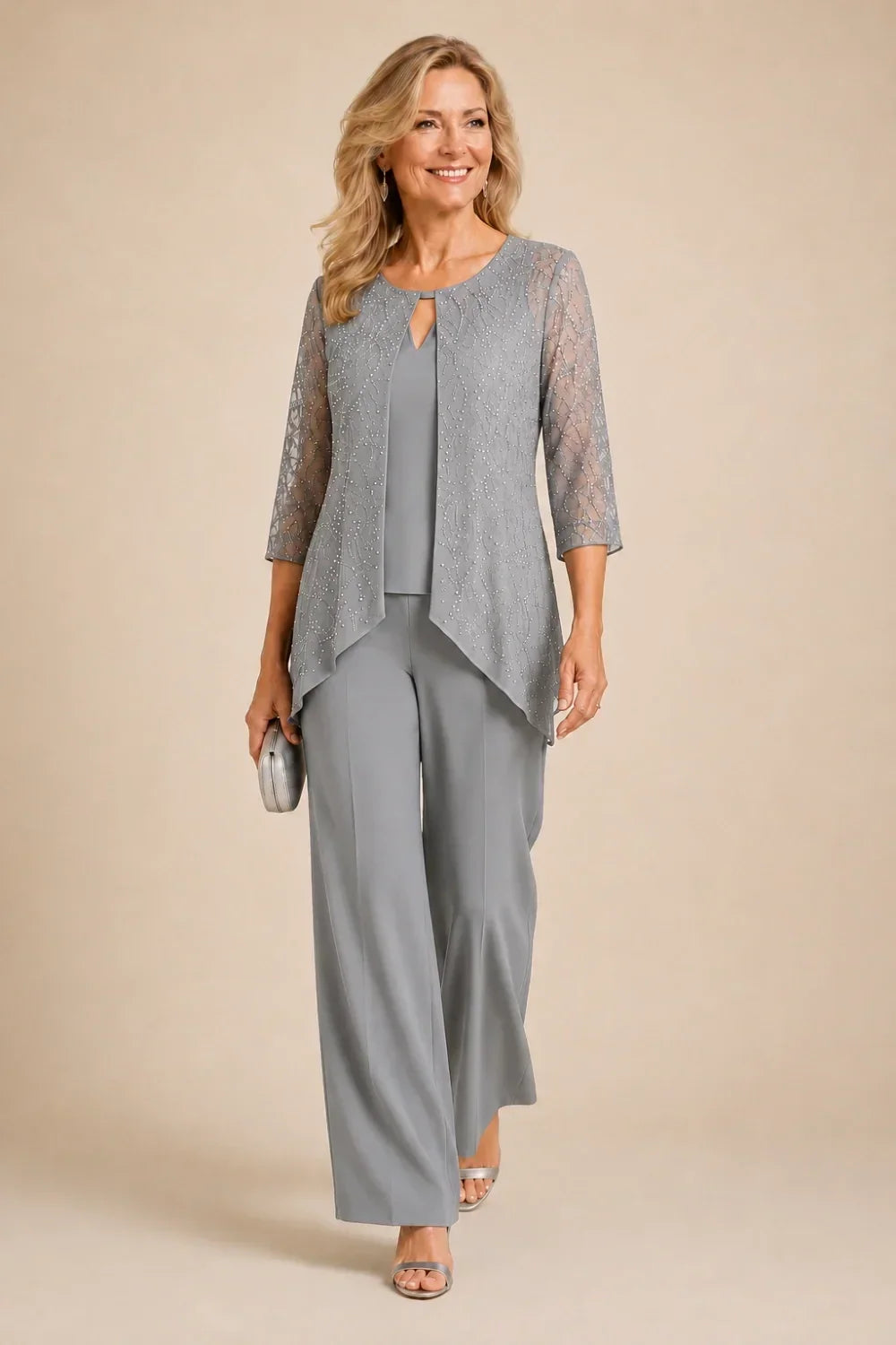 Beaded Layered Wide-Leg Trouser Suit