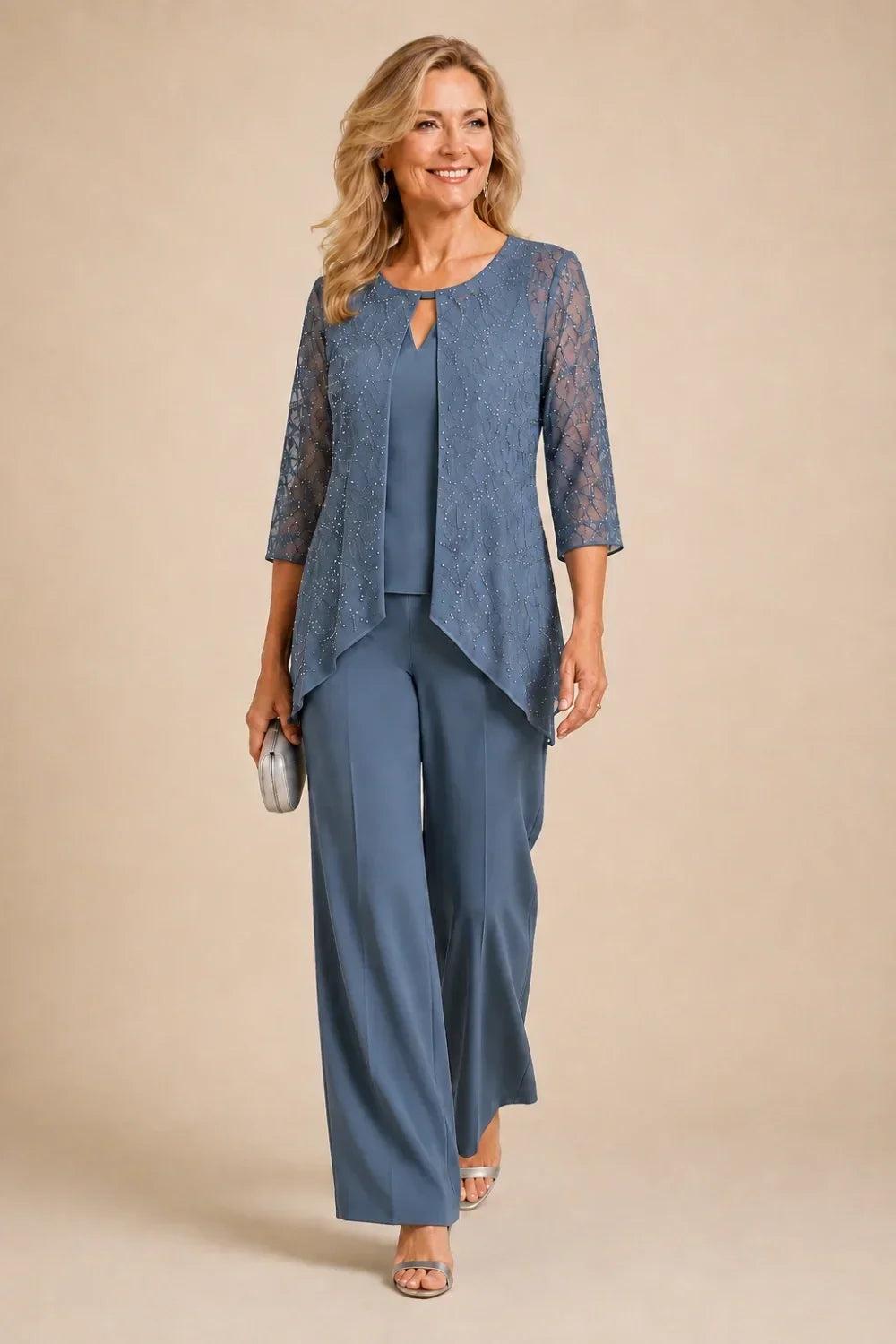 Beaded Layered Wide-Leg Trouser Suit