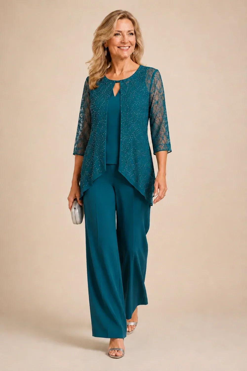 Beaded Layered Wide-Leg Trouser Suit