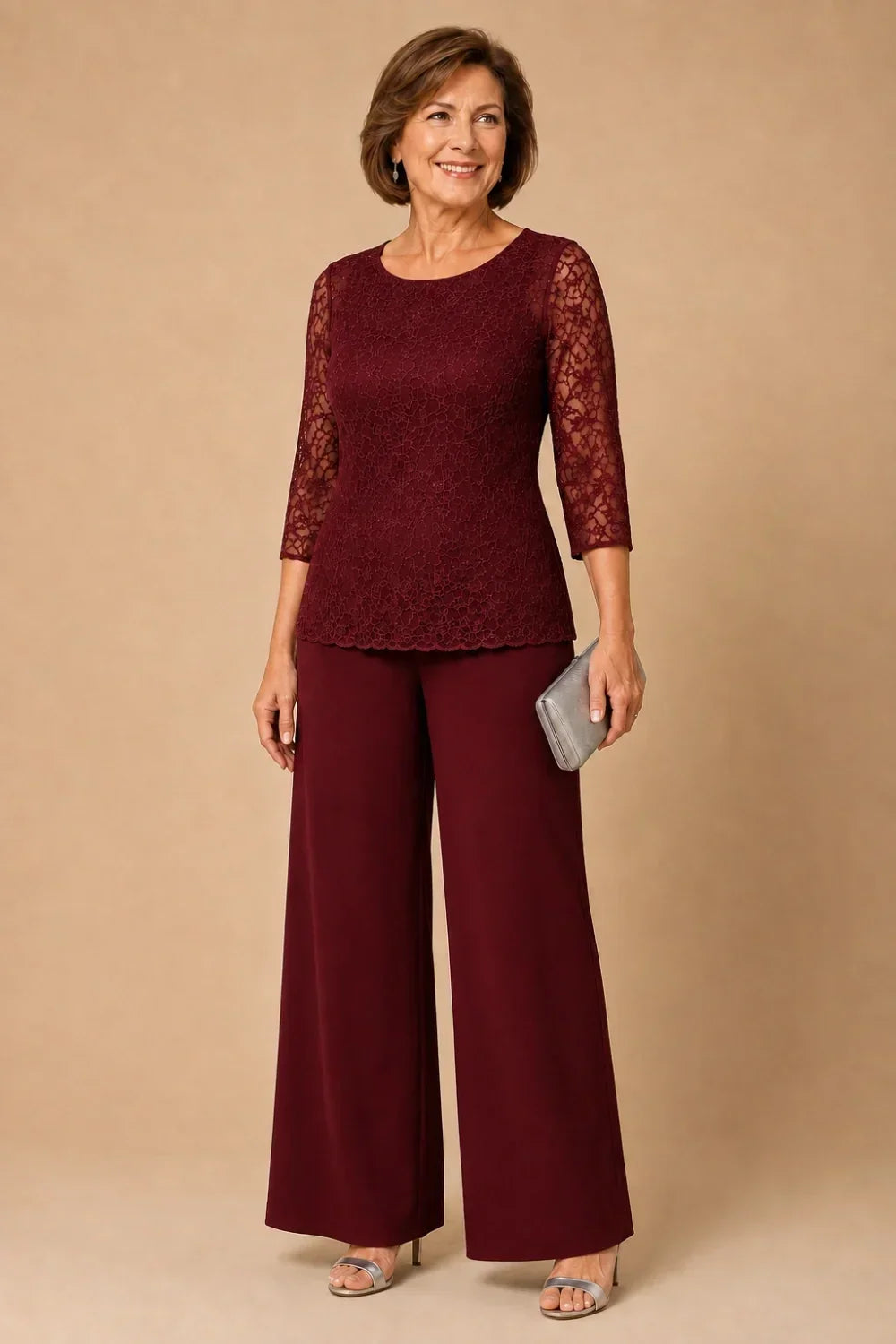 Beaded Wide-Leg Trouser Suit with 3/4 Sleeves