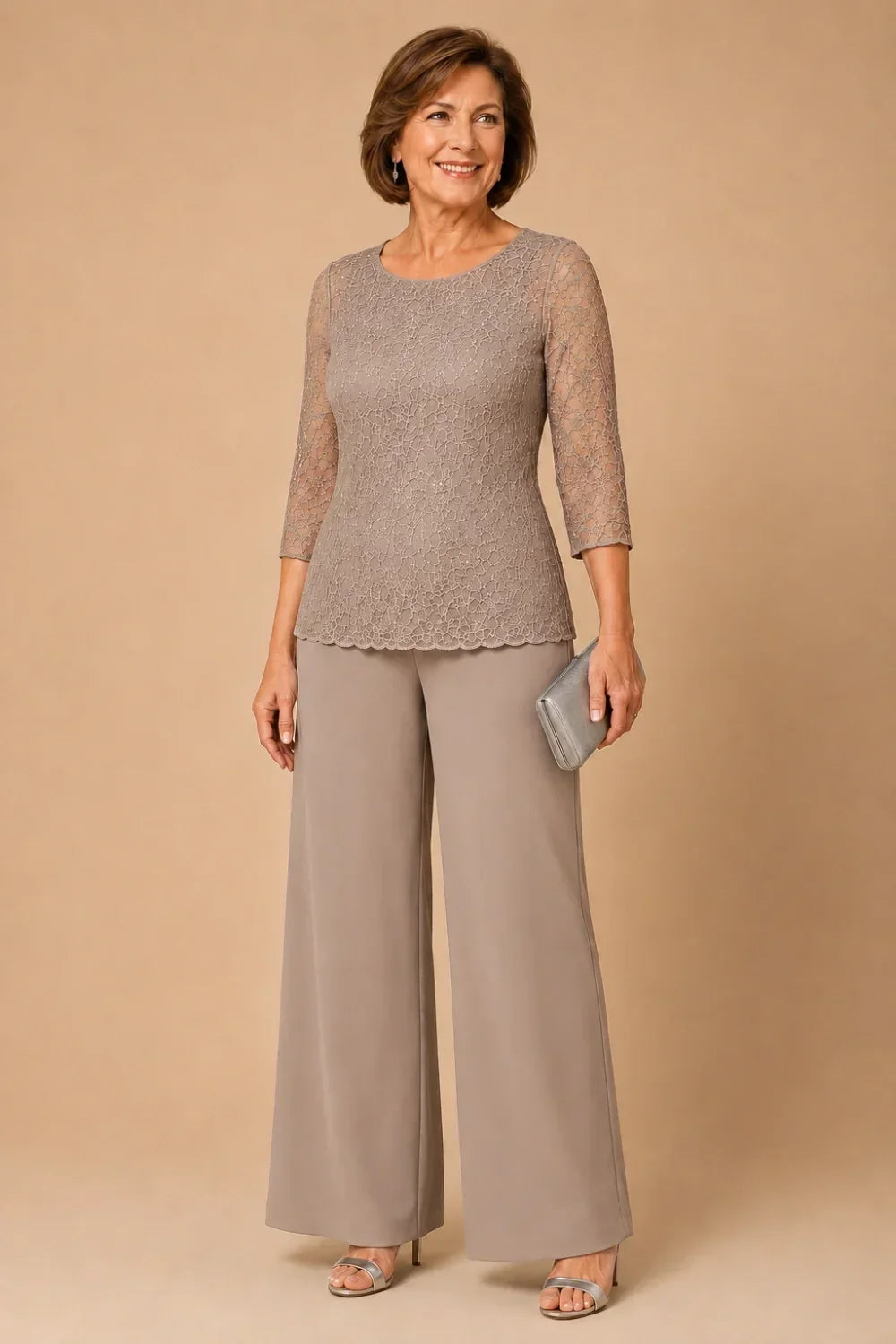 Beaded Wide-Leg Trouser Suit with 3/4 Sleeves