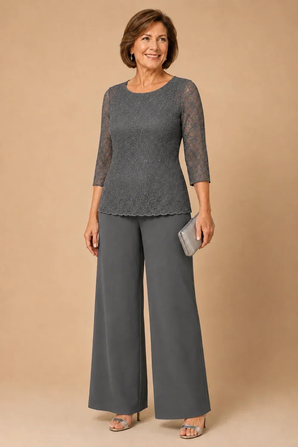 Beaded Wide-Leg Trouser Suit with 3/4 Sleeves