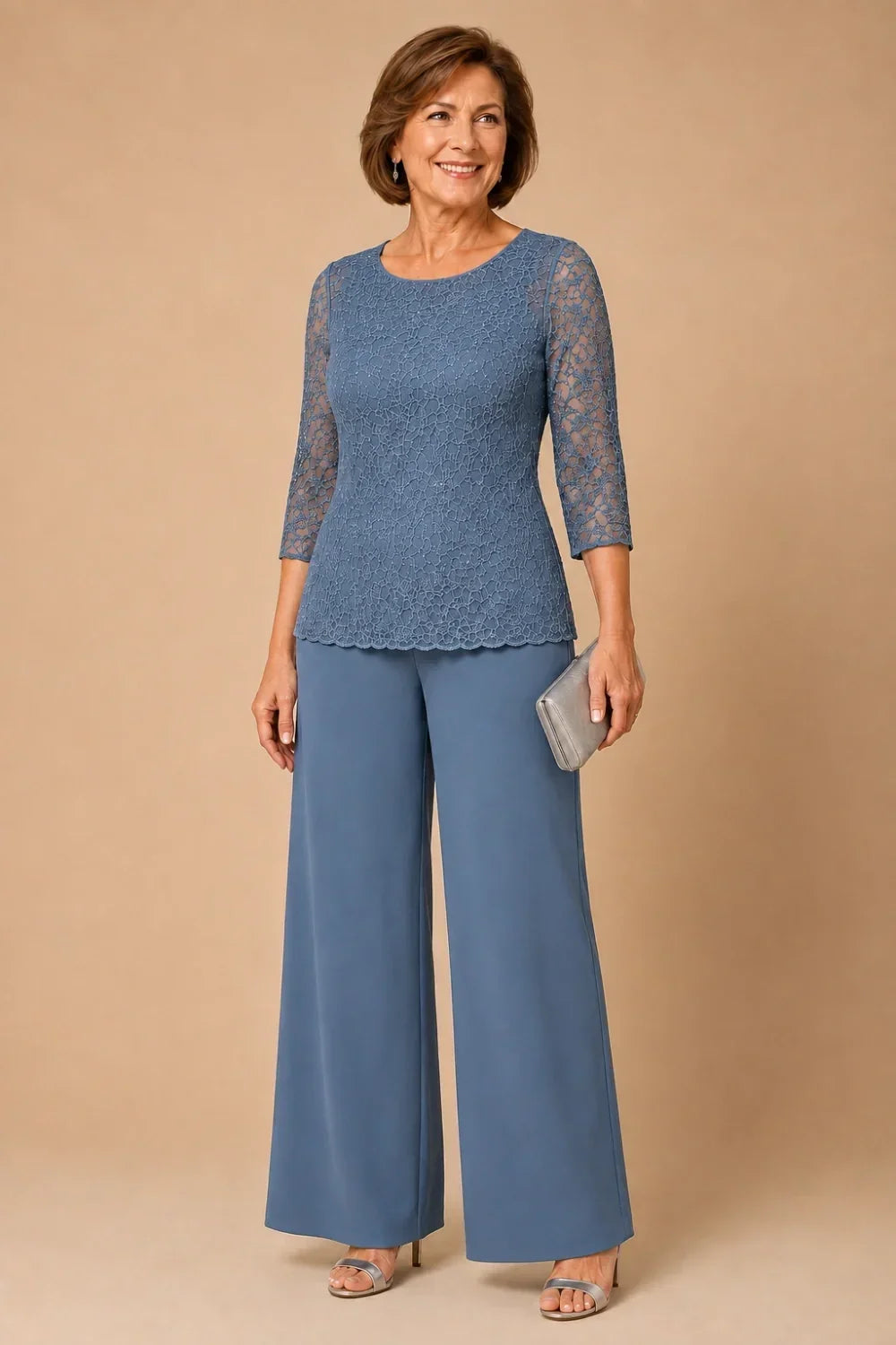 Beaded Wide-Leg Trouser Suit with 3/4 Sleeves