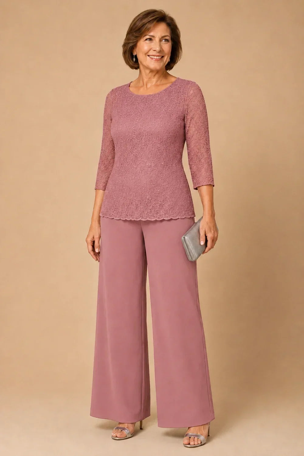 Beaded Wide-Leg Trouser Suit with 3/4 Sleeves