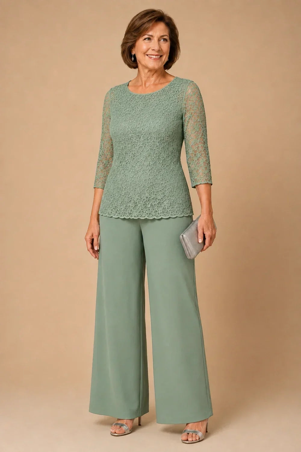 Beaded Wide-Leg Trouser Suit with 3/4 Sleeves