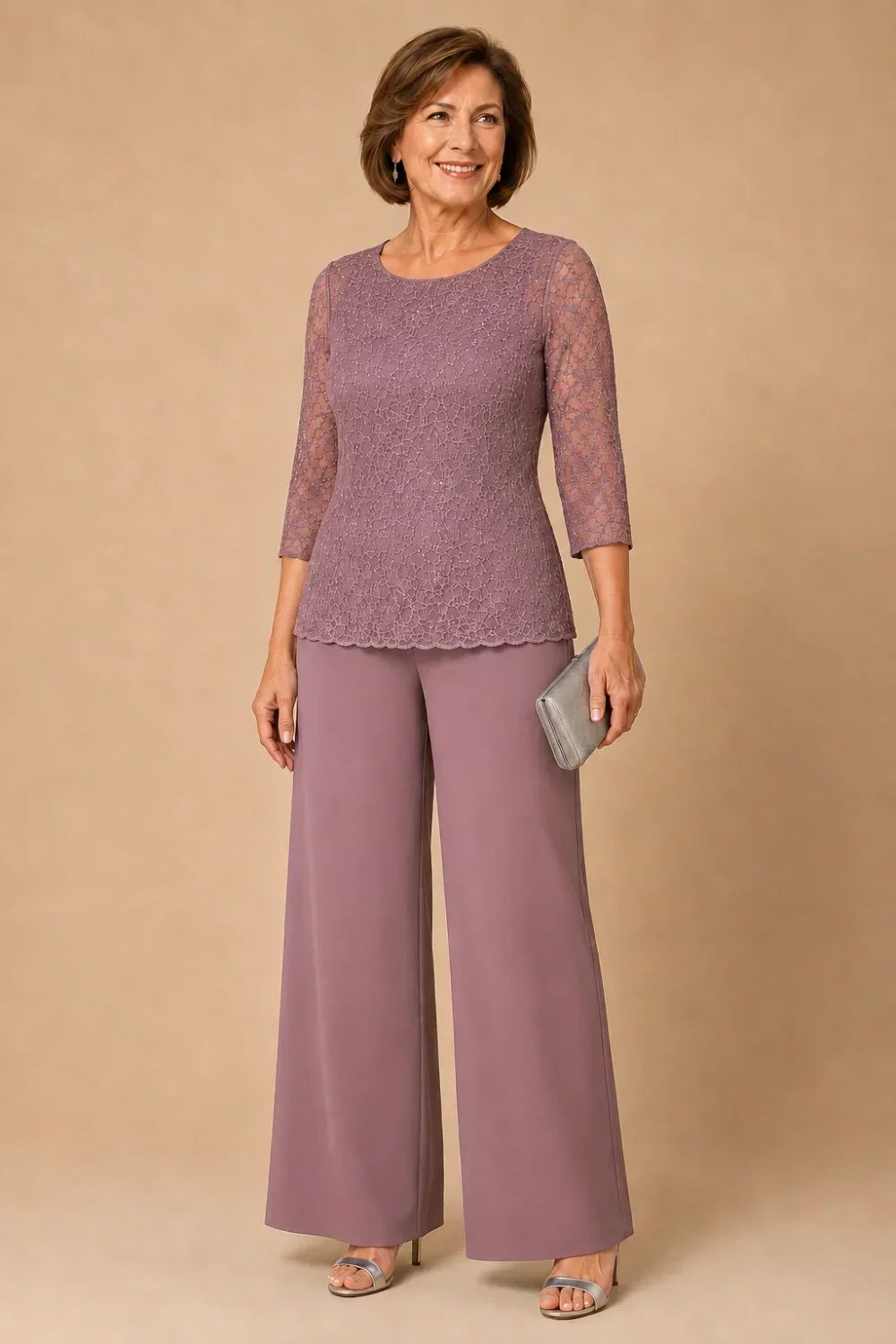 Beaded Wide-Leg Trouser Suit with 3/4 Sleeves