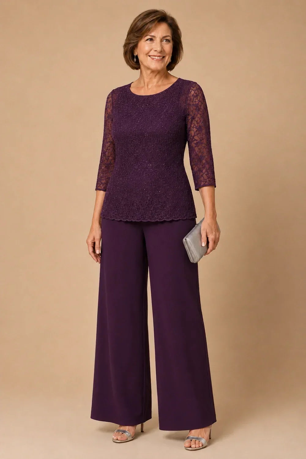 Beaded Wide-Leg Trouser Suit with 3/4 Sleeves
